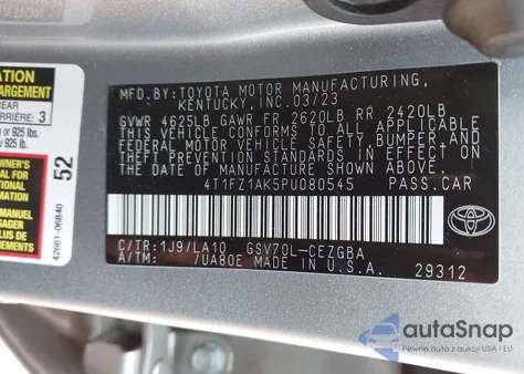 2023 Toyota Camry Xle V6 from USA, damaged, VIN 4T1FZ1AK5PU080545